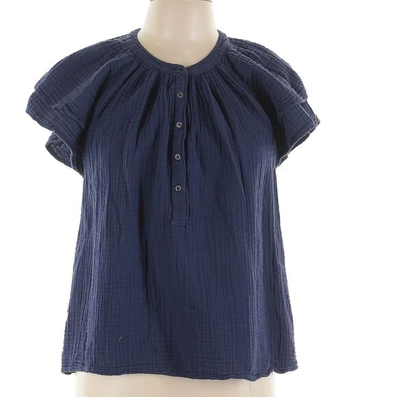 Xirena Cotton Gauze Muslin Navy Blue Lightweigtht Ruffled Sleeve Top Size Large - Picture 2 of 5